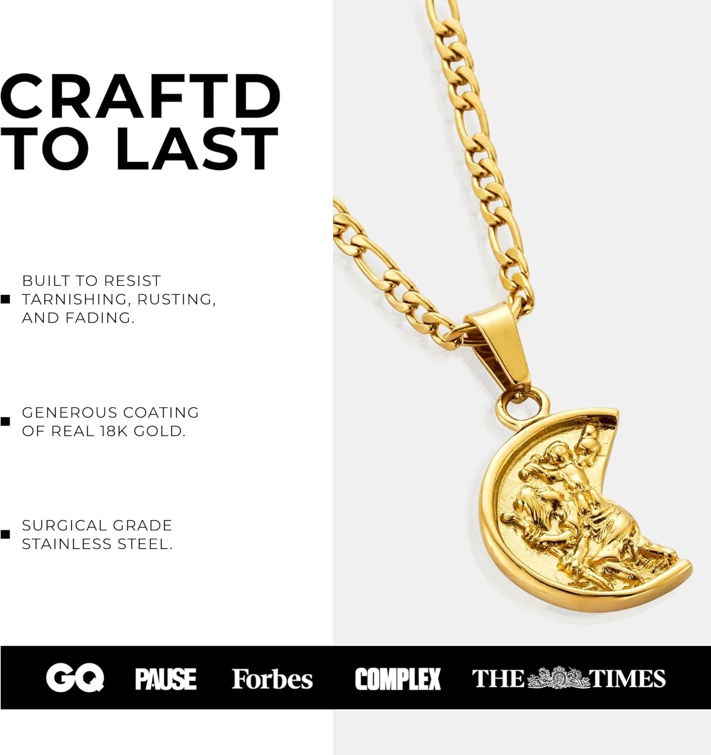 | St. Christopher Pendant Necklace | 20.5" Gold Chain Link with 20MM x 20MM Pendant | Waterproof, Heat & Sweat Resistant | Gifts for Men | Men's Jewelry |