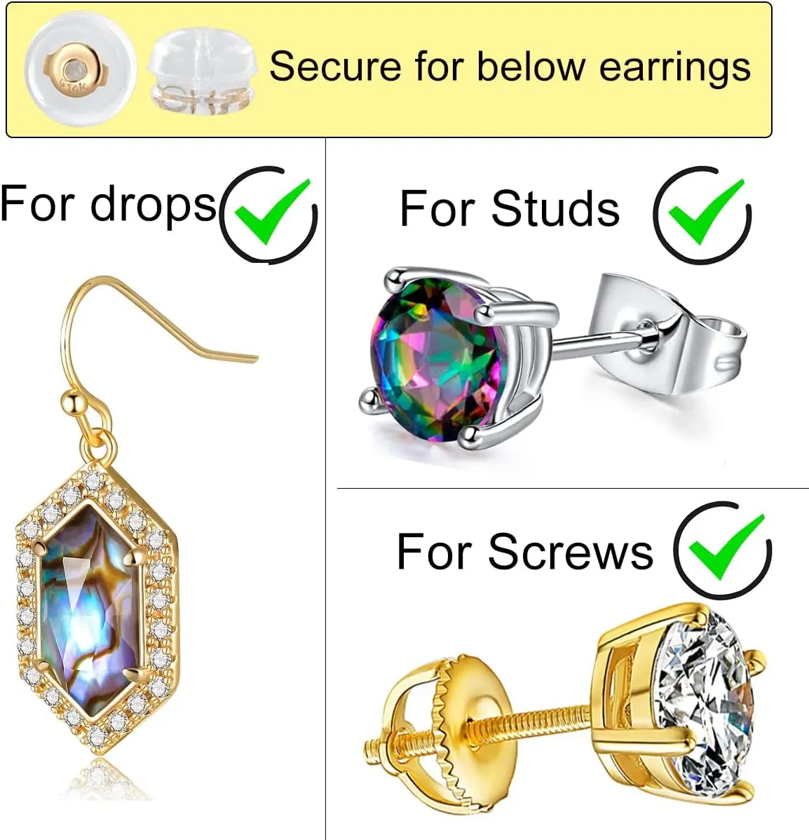 14K Gold Silicone Earring Backs Replacement | Rubber Earrings Backs for Studs |Plastic Earring Backing Secure (1 Pair 14K Gold)