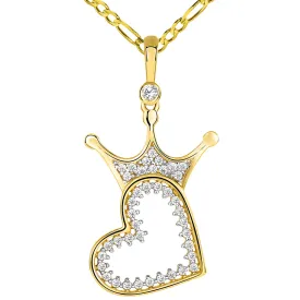 14k Yellow Gold CZ Crowned Open Sideways Heart Pendant Figaro Necklace