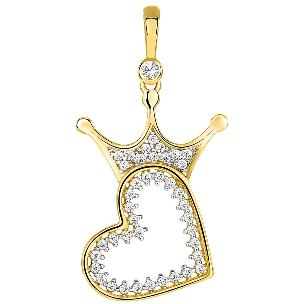 14k Yellow Gold CZ Crowned Open Sideways Heart Pendant Figaro Necklace
