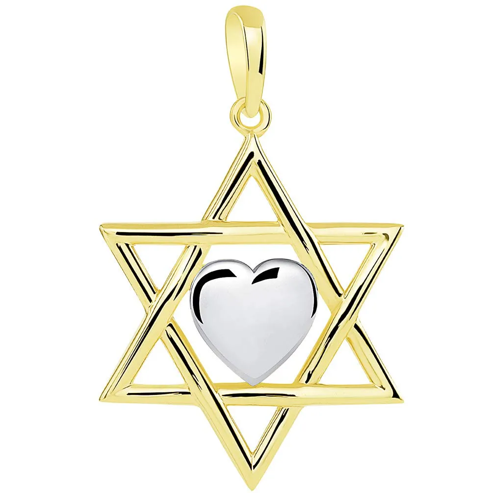 14k Yellow Gold Hebrew Love Star of David with Heart Pendant with Cuban Necklace