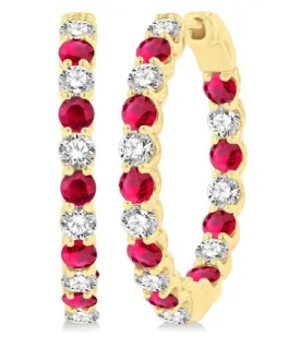 14KY Ruby & Diamond In/Out Hoop Earrings w/ 1.55 ctw Dia & 2.40 ctw Ruby