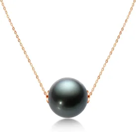 18K Gold Tahitian Black Pearl Necklace for Women, 10-11mm Tahitian Seawater Cultured Floating Single Pearl Pendant with Sterling Silver Chain Jewelry Gifts for Mom Wife Daughter