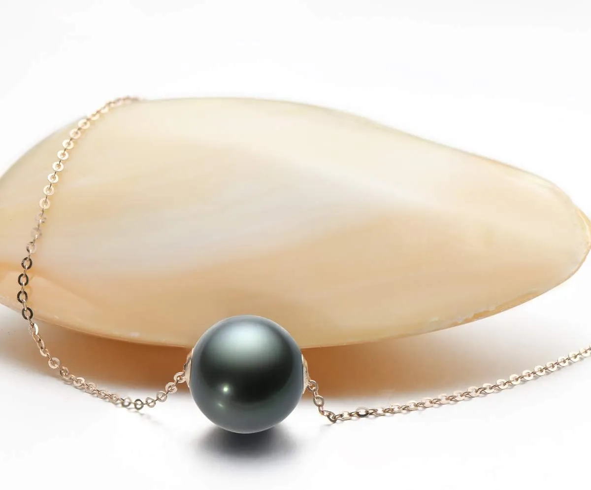18K Gold Tahitian Black Pearl Necklace for Women, 10-11mm Tahitian Seawater Cultured Floating Single Pearl Pendant with Sterling Silver Chain Jewelry Gifts for Mom Wife Daughter
