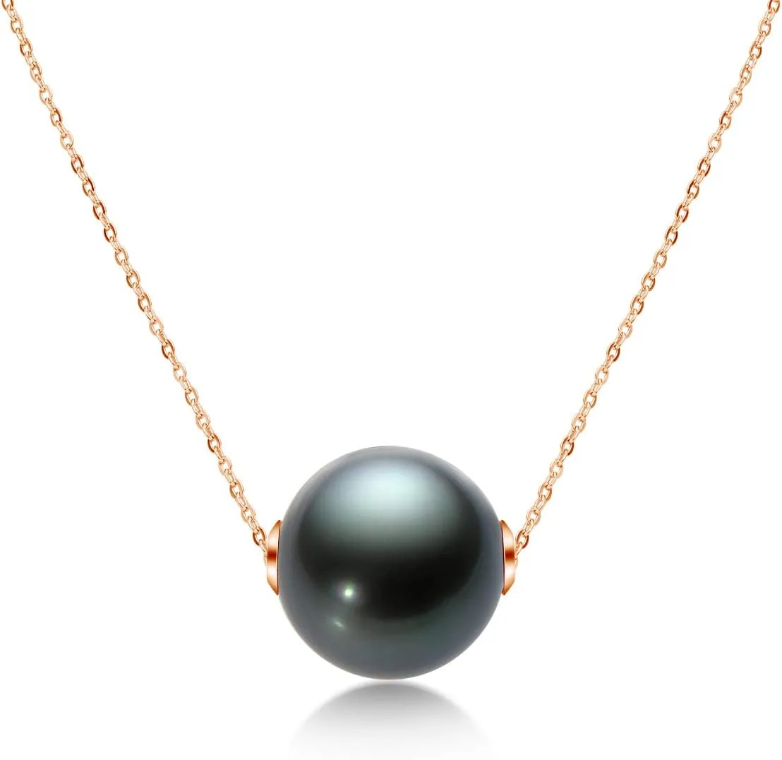 18K Gold Tahitian Black Pearl Necklace for Women, 10-11mm Tahitian Seawater Cultured Floating Single Pearl Pendant with Sterling Silver Chain Jewelry Gifts for Mom Wife Daughter