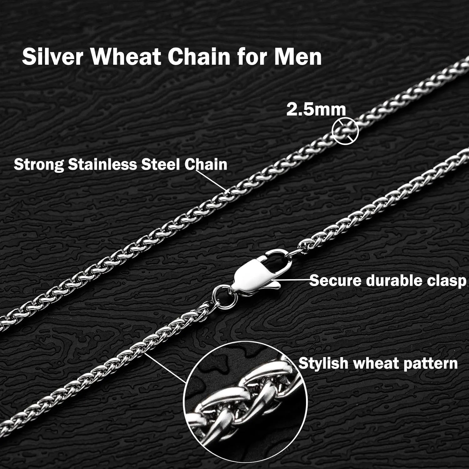 2.5mm/3mm/4mm Silver Stainless Steel Wheat Chain Necklace Jewelry for Men