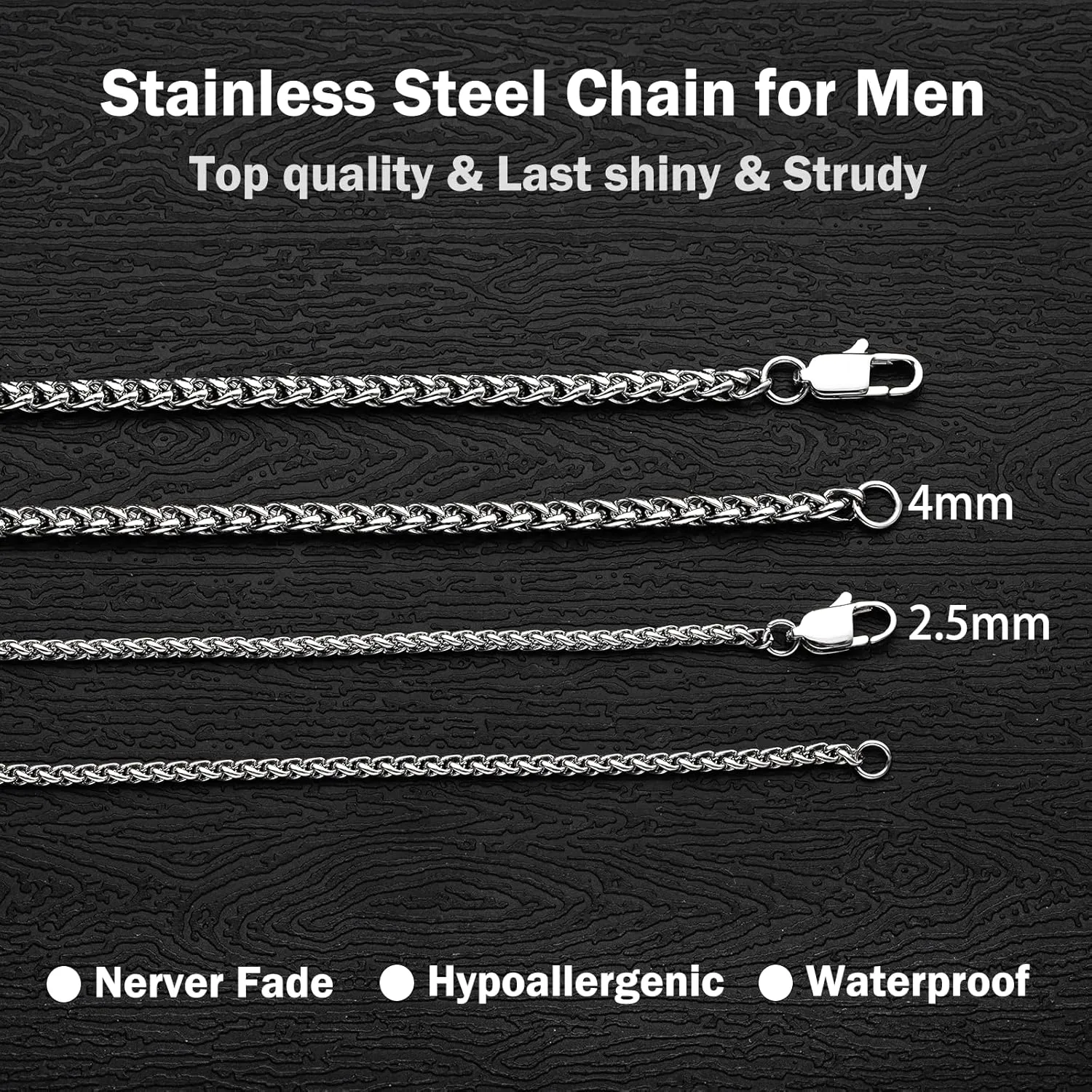 2.5mm/3mm/4mm Silver Stainless Steel Wheat Chain Necklace Jewelry for Men