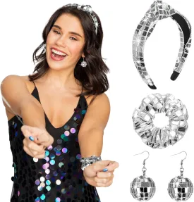 3 Pcs Disco Accessories Set Disco Ball Earrings Metallic Sequin Hair Scrunchies Silver Headband for Retro Last Bachelorette 70s 80s 90s Bridal Shower New Year Accessories