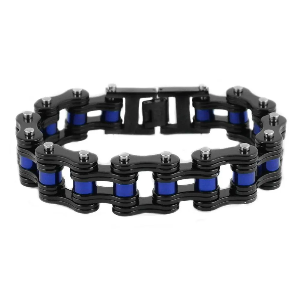 3/4" Wide Black with Blue RollersUnisex Stainless Steel Motorcycle Chain Bracelet