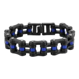 3/4" Wide Black with Blue RollersUnisex Stainless Steel Motorcycle Chain Bracelet