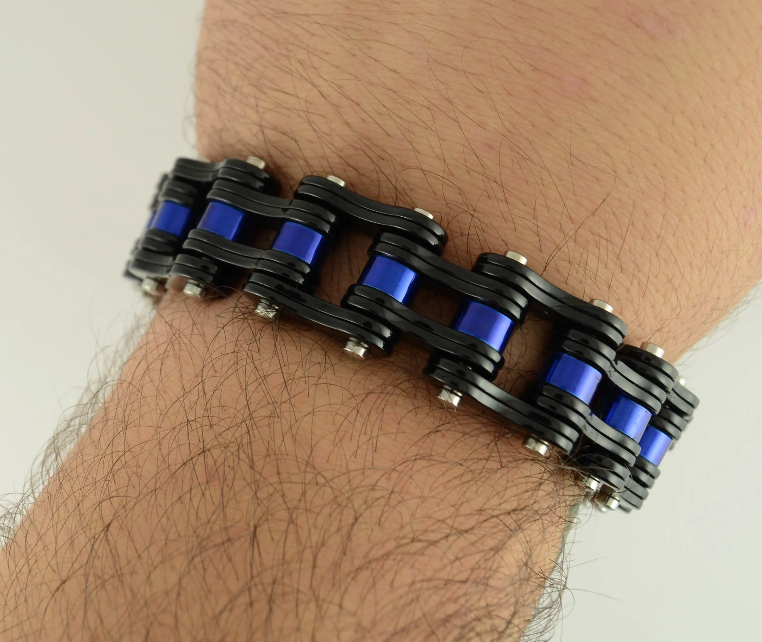 3/4" Wide Black with Blue RollersUnisex Stainless Steel Motorcycle Chain Bracelet