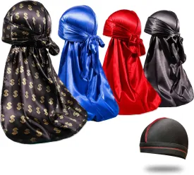 4PCS Silky Durags for Men 360 Waves, Designer Do Rag, 1 Wave Cap
