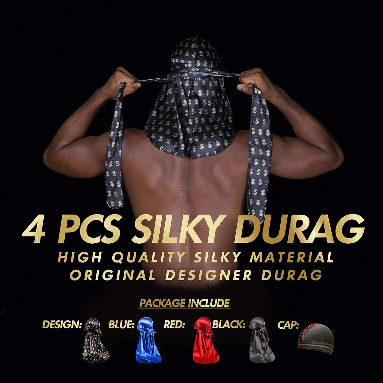 4PCS Silky Durags for Men 360 Waves, Designer Do Rag, 1 Wave Cap