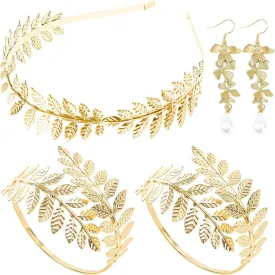 5 Pieces Greek Goddess Costume Accessories Set, 1 Piece Golden Leaf Crown Headband, 2 Pieces Coil Upper Armband Bracelet, 2 Pieces Dangle Earrings, Bridal Wedding Headpiece Toga Costume