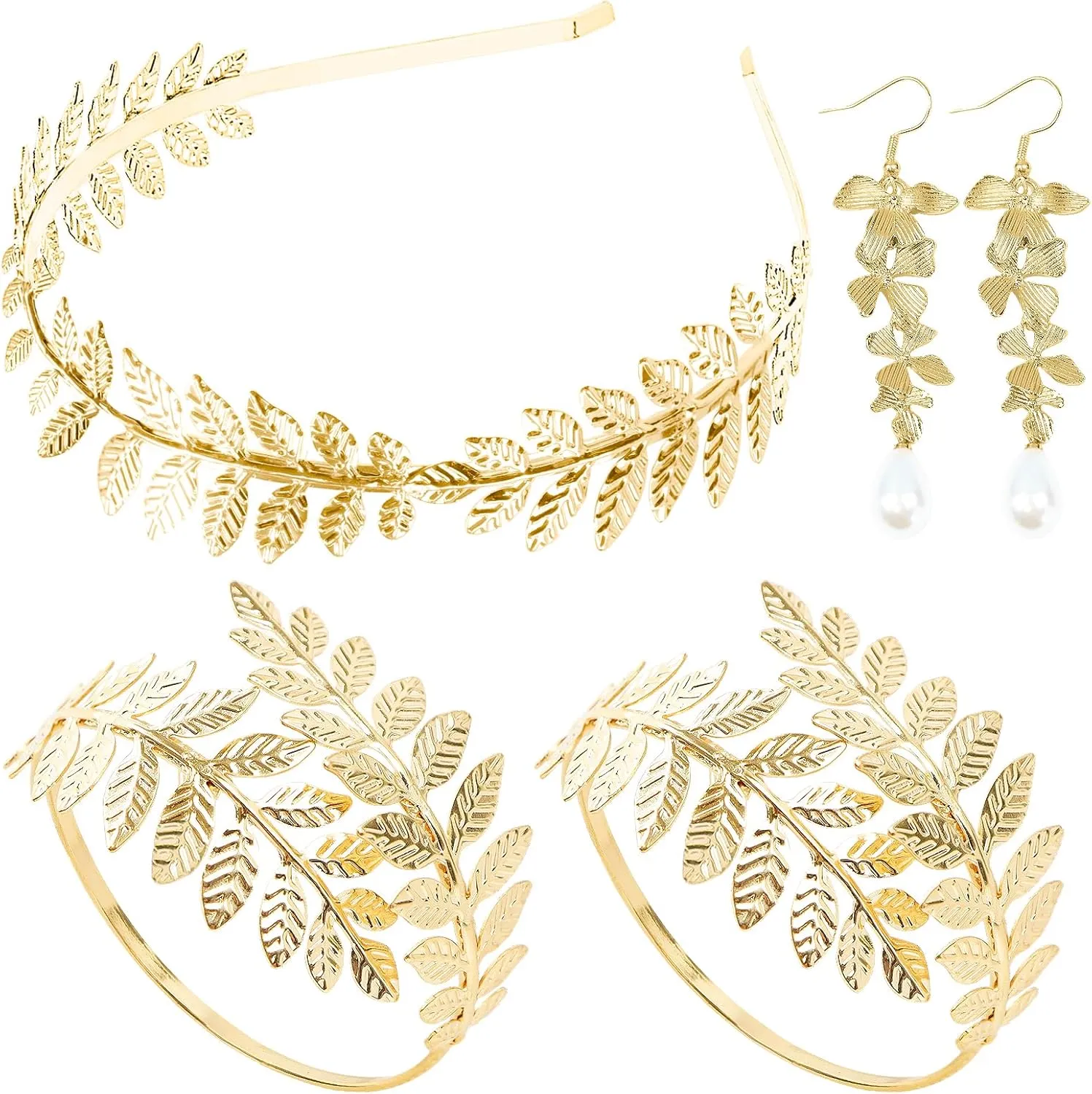 5 Pieces Greek Goddess Costume Accessories Set, 1 Piece Golden Leaf Crown Headband, 2 Pieces Coil Upper Armband Bracelet, 2 Pieces Dangle Earrings, Bridal Wedding Headpiece Toga Costume