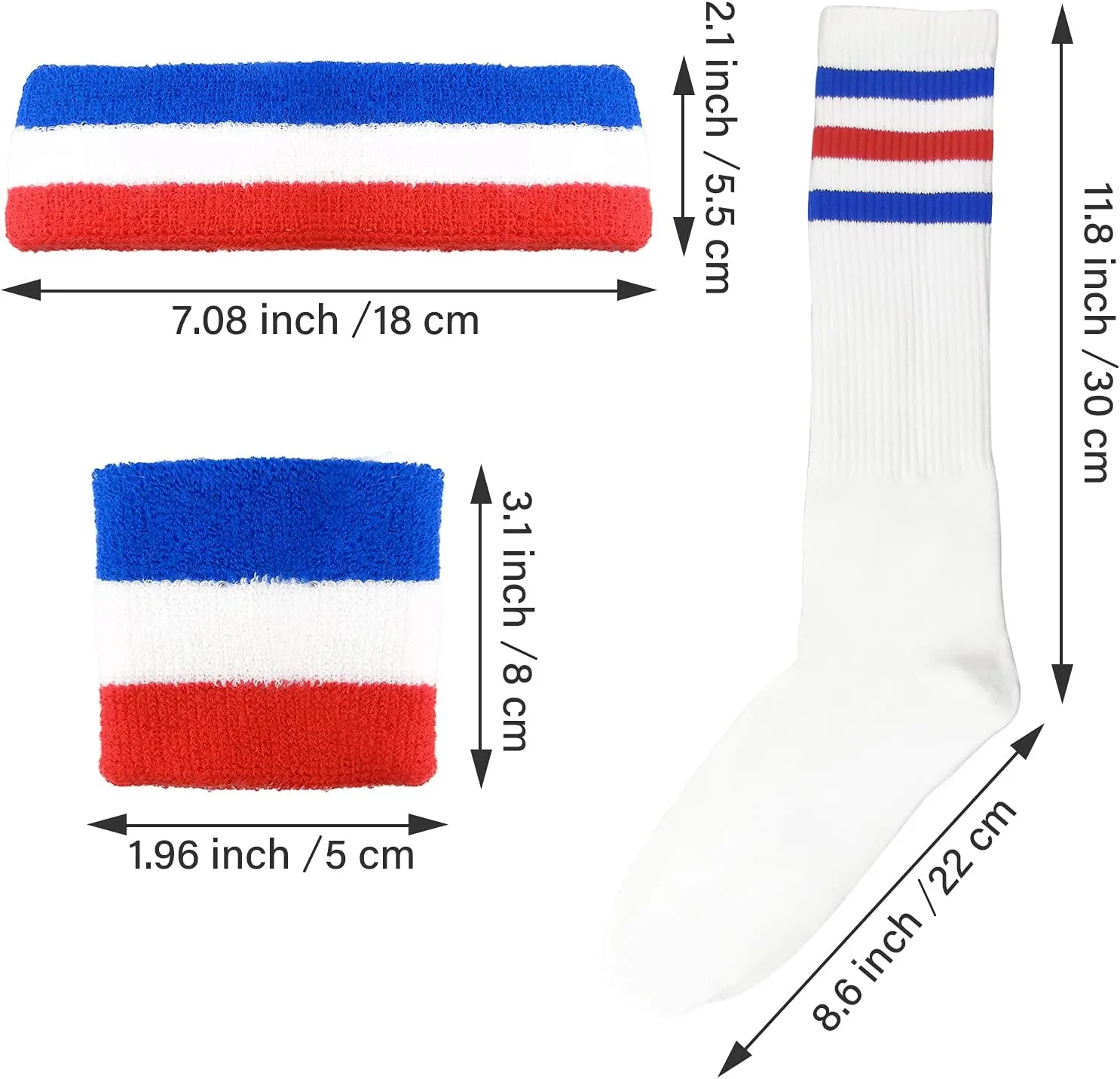 5 Pieces Sweatbands Set and Striped Socks 80s Sweatbands 90s Costume Wrist Sweat Bands for Men and Women Sports Headbands