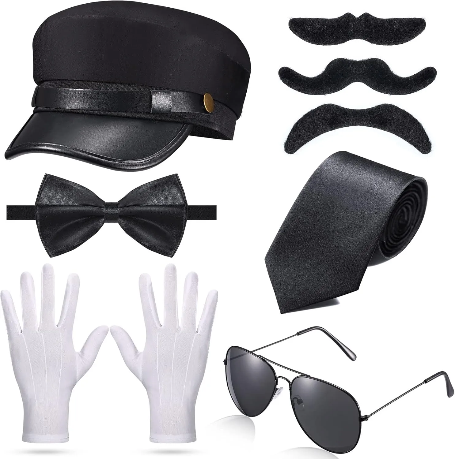 8 Pieces Chauffeur Costume Novelty Limo Driver Costume Black Chauffeur Hat Taxi Driver Hat Gloves Bow Tie Self Adhesive Fake Mustaches Beard Glasses