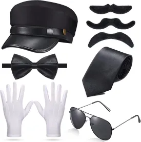 8 Pieces Chauffeur Costume Novelty Limo Driver Costume Black Chauffeur Hat Taxi Driver Hat Gloves Bow Tie Self Adhesive Fake Mustaches Beard Glasses