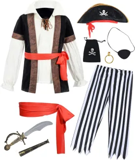9 PCS Pirate Costume Kids Coat Pants Hat with Accessories Deluxe Set for Party Cosplay 3-12 Years