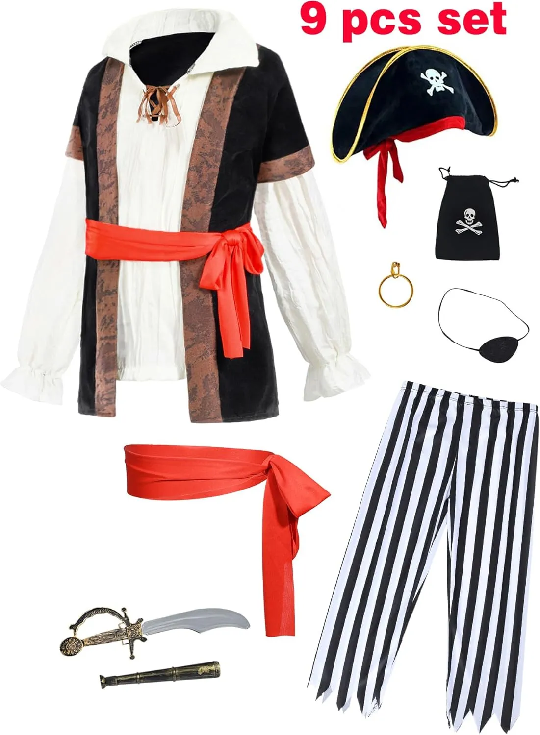 9 PCS Pirate Costume Kids Coat Pants Hat with Accessories Deluxe Set for Party Cosplay 3-12 Years