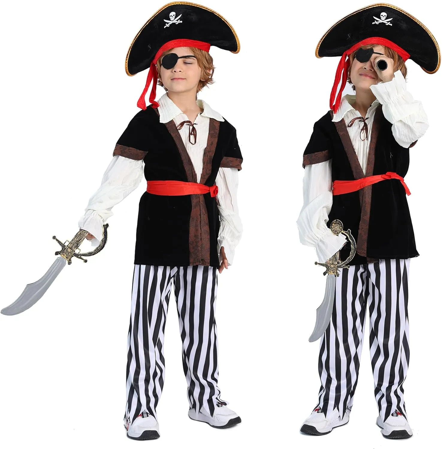 9 PCS Pirate Costume Kids Coat Pants Hat with Accessories Deluxe Set for Party Cosplay 3-12 Years