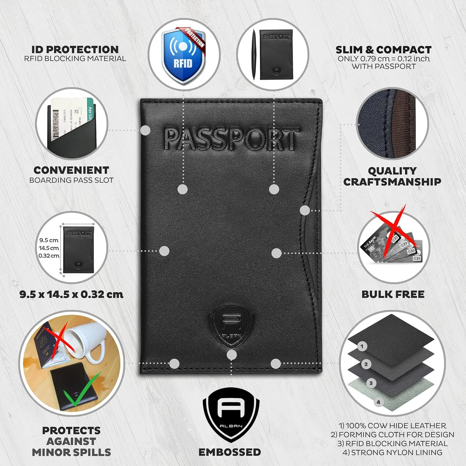 Alban RFID Passport Holder Women Men RFID Blocking Travel Passport Wallet Case Genuine Leather Passport Cover porta pasaporte