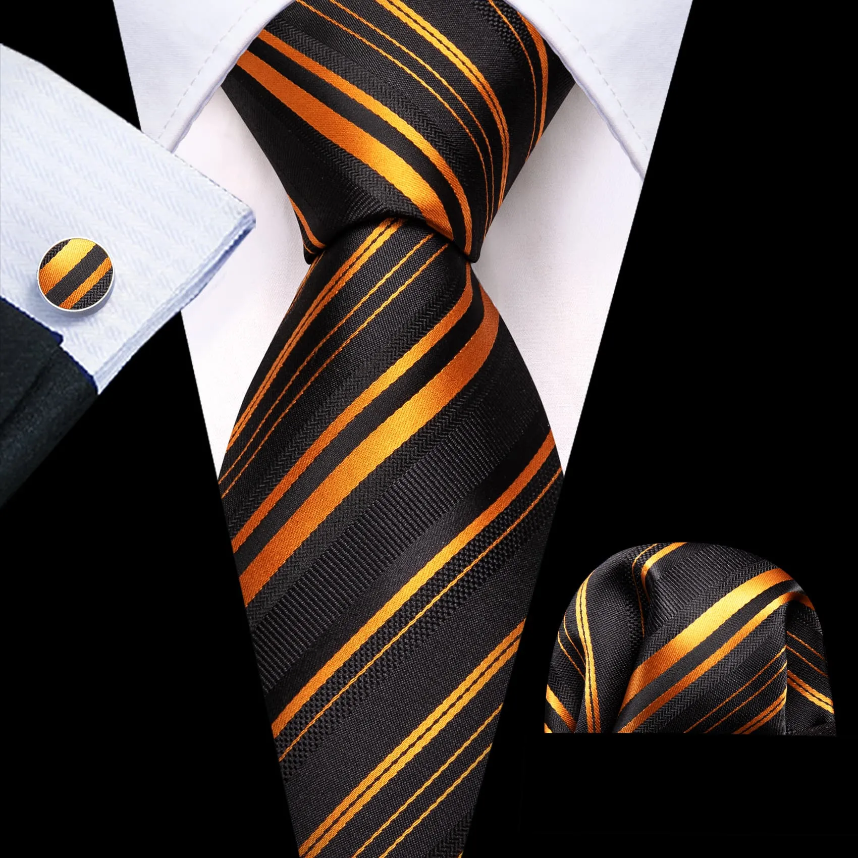Barry Wang Black Striped Tie Gold Stripes Men's Necktie Set