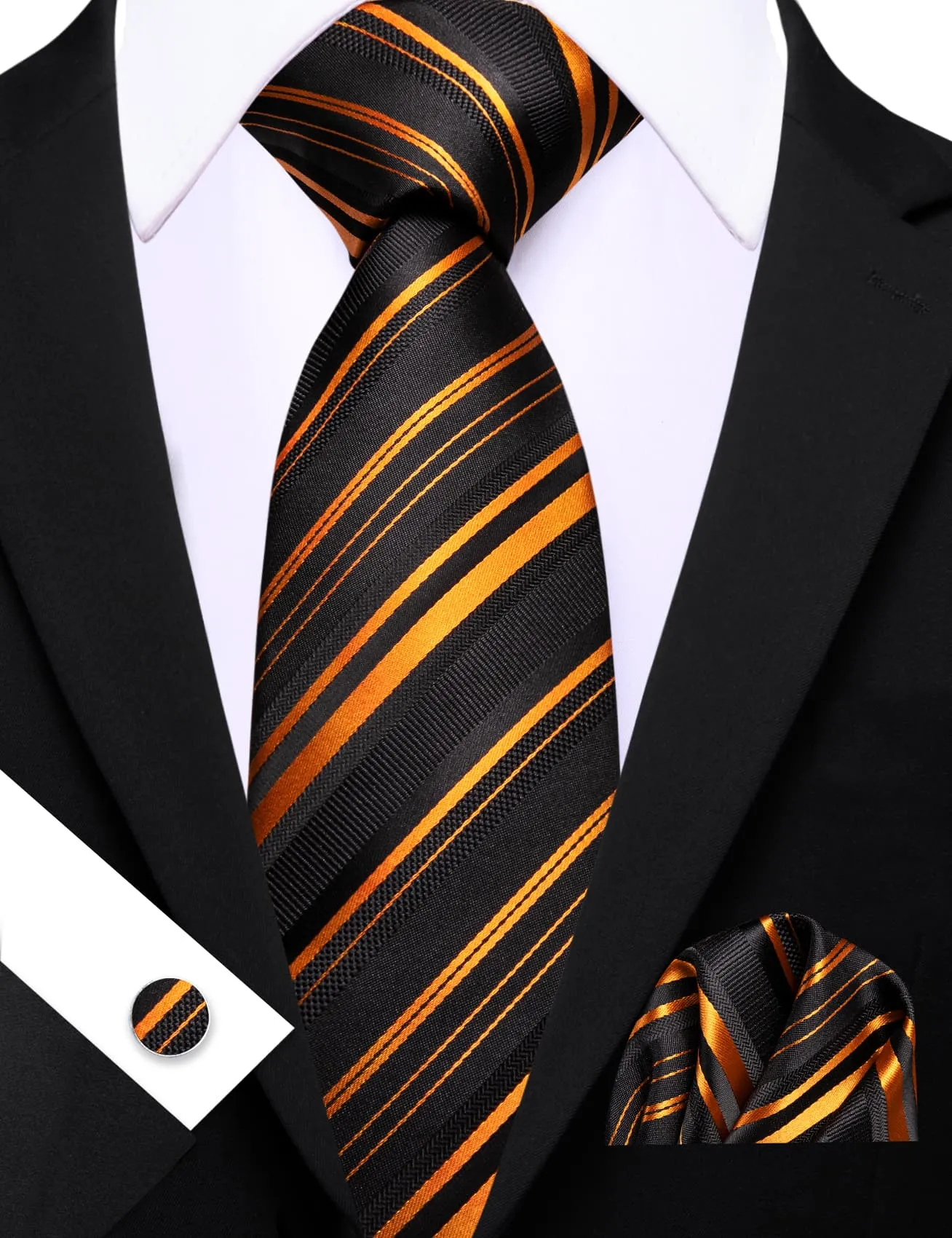 Barry Wang Black Striped Tie Gold Stripes Men's Necktie Set