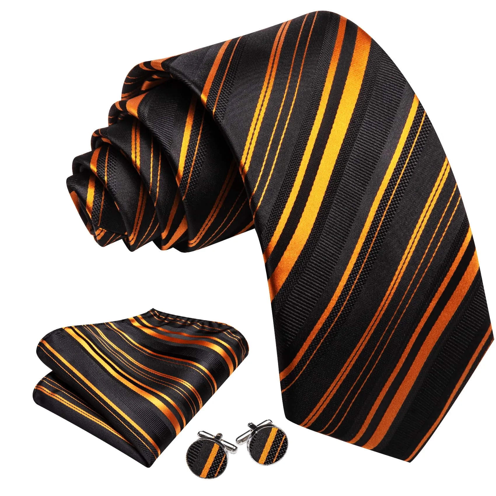 Barry Wang Black Striped Tie Gold Stripes Men's Necktie Set