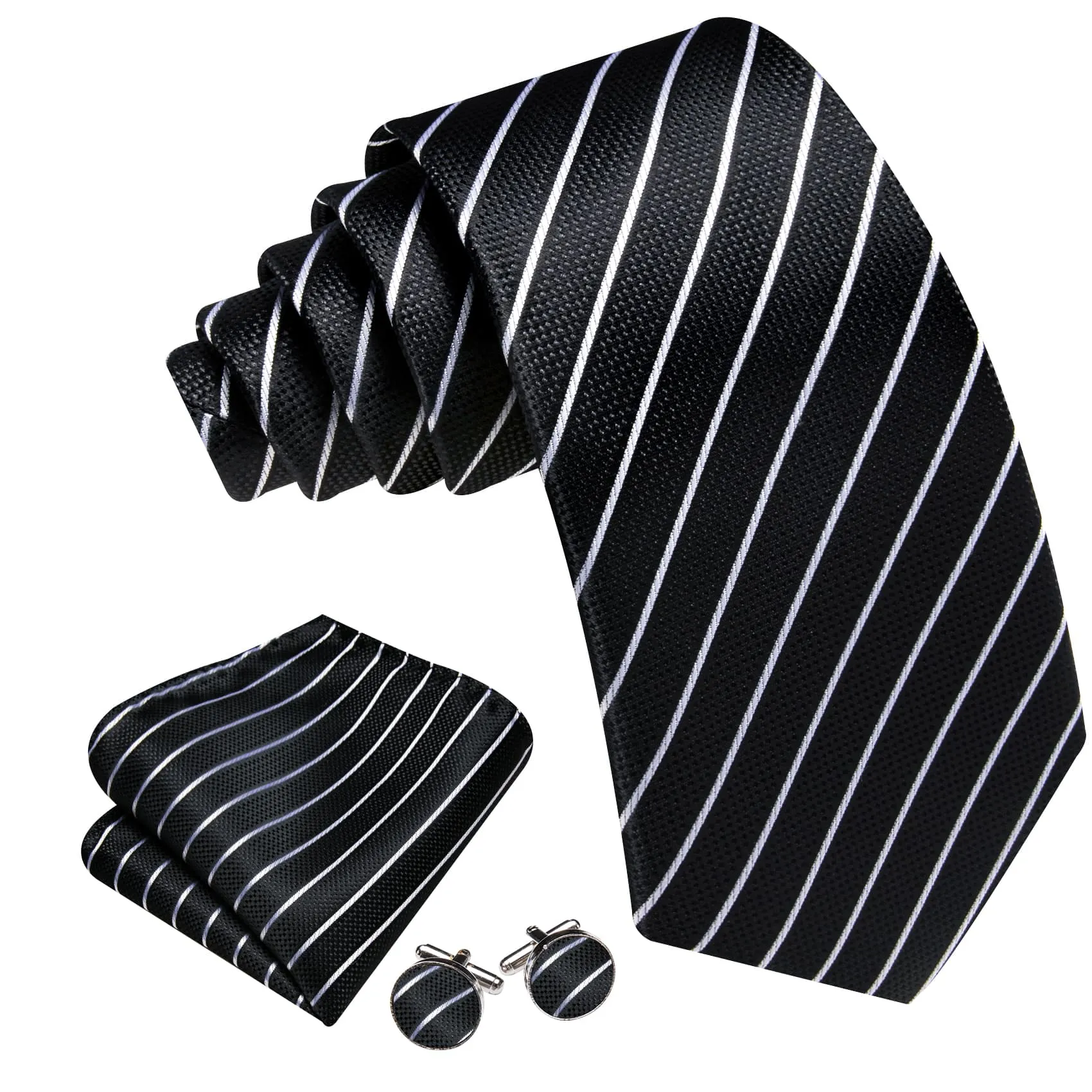 Barry Wang Black Tie White Lines Striped Necktie Men's Tie Set