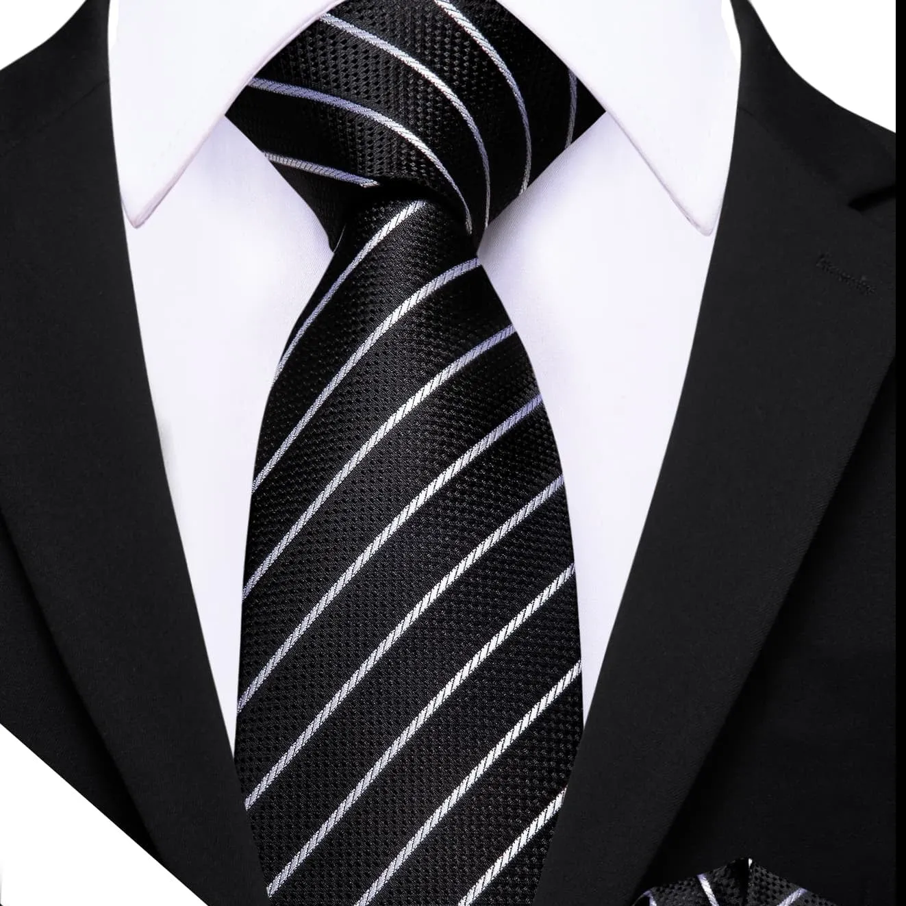 Barry Wang Black Tie White Lines Striped Necktie Men's Tie Set