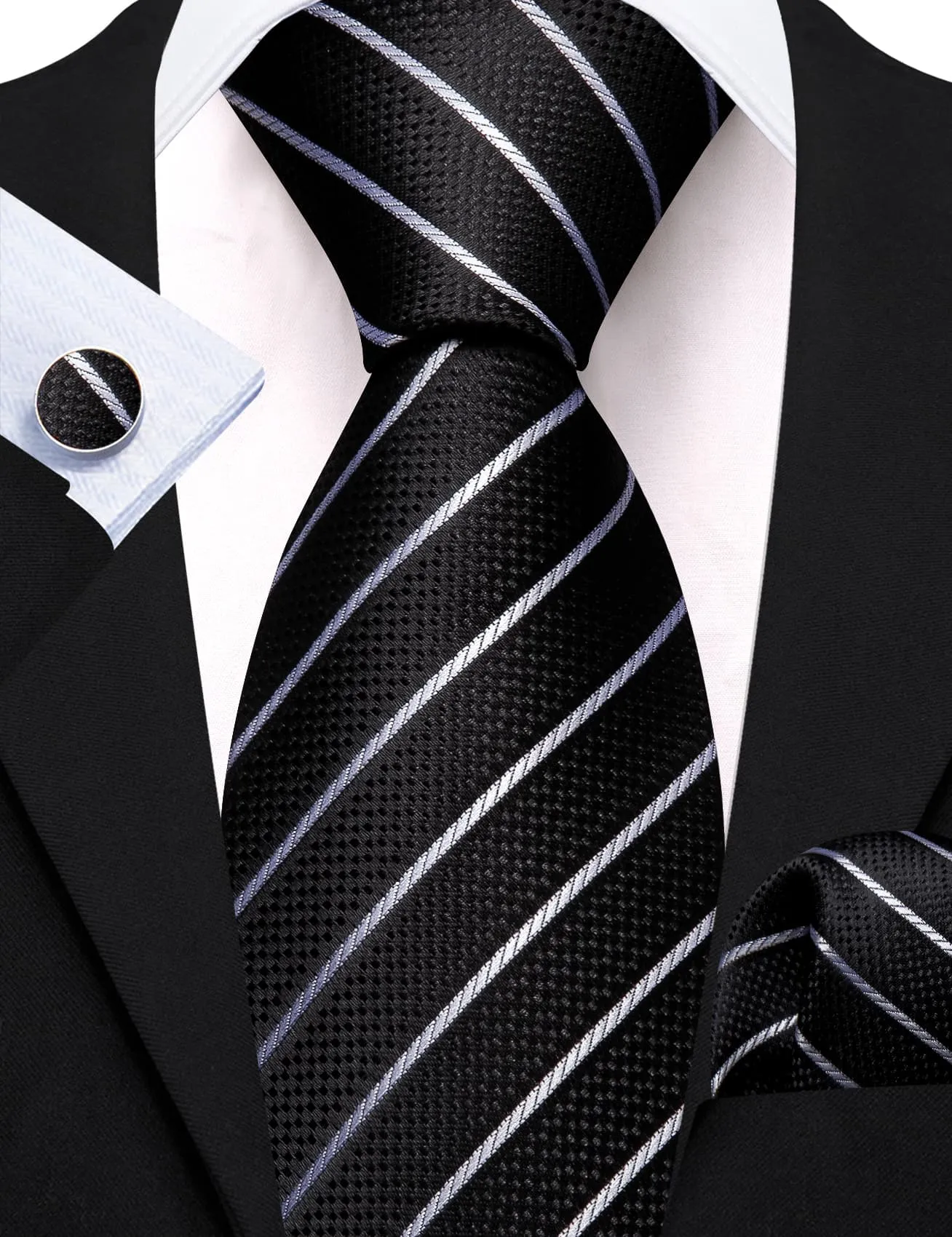 Barry Wang Black Tie White Lines Striped Necktie Men's Tie Set