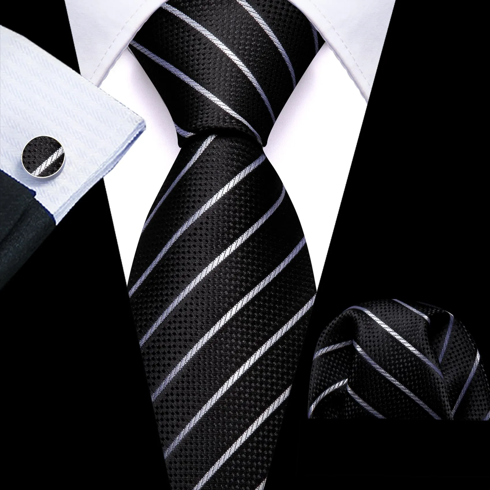 Barry Wang Black Tie White Lines Striped Necktie Men's Tie Set
