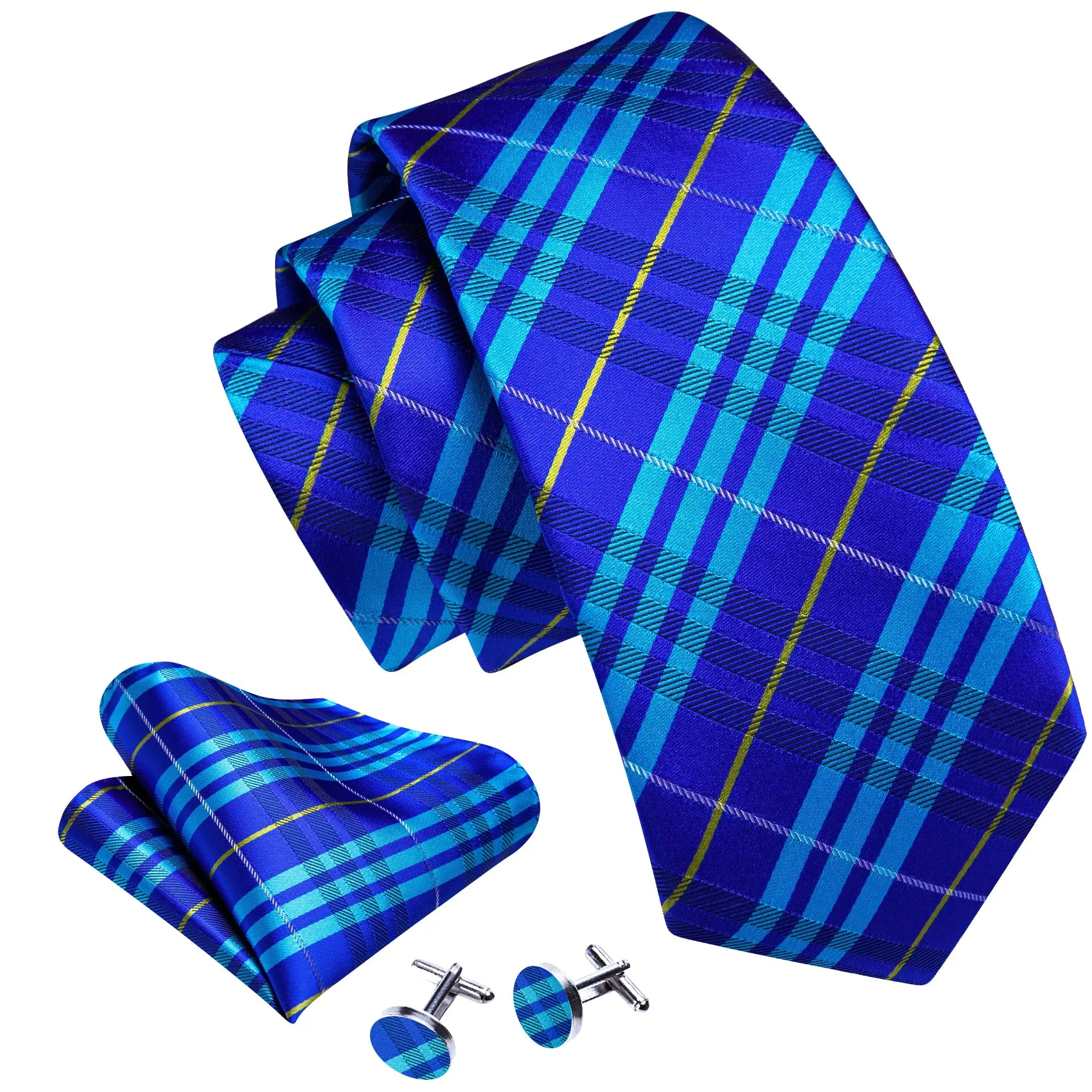 Barry Wang Bright Blue Striped Silk Tie Pocket Square Cufflinks Set