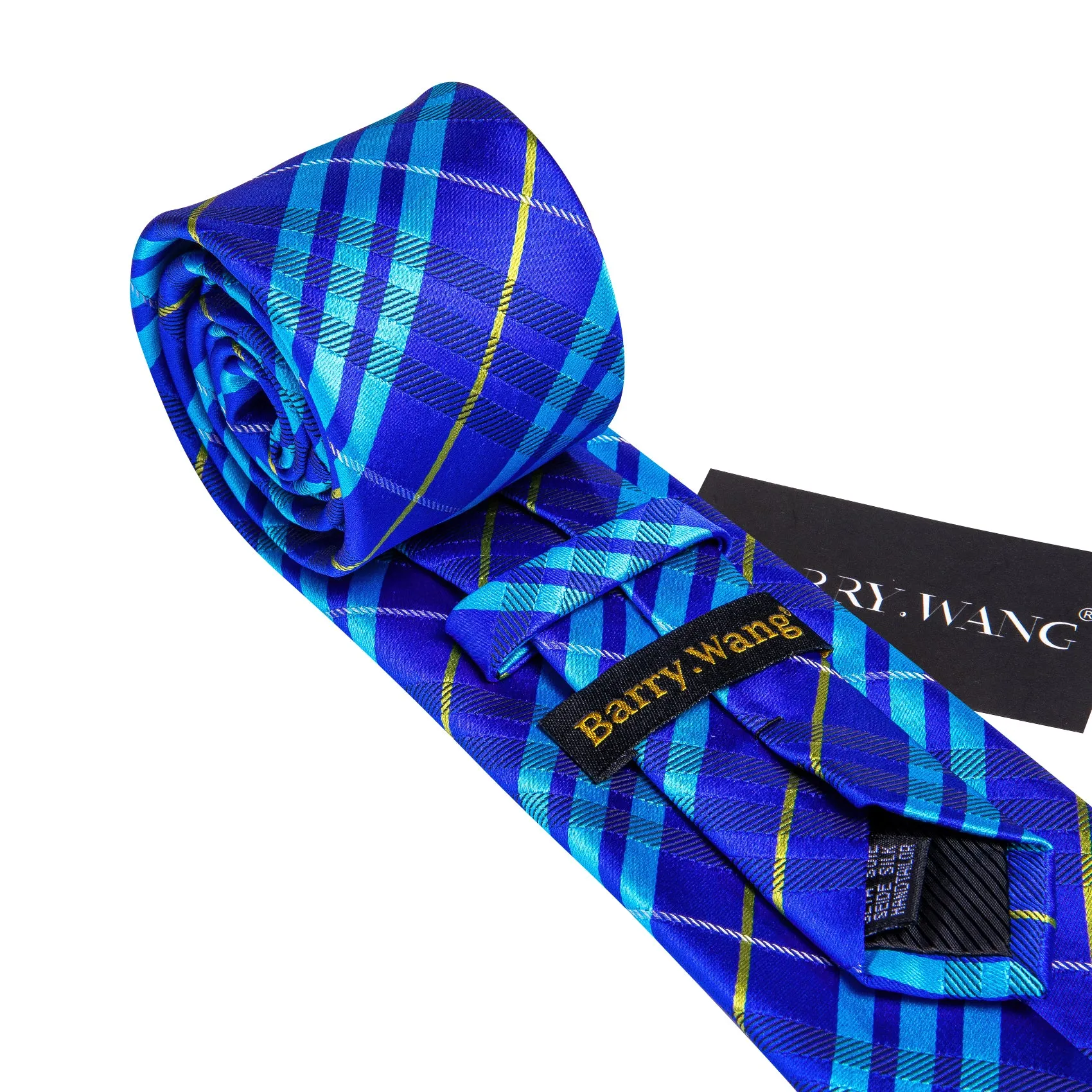 Barry Wang Bright Blue Striped Silk Tie Pocket Square Cufflinks Set