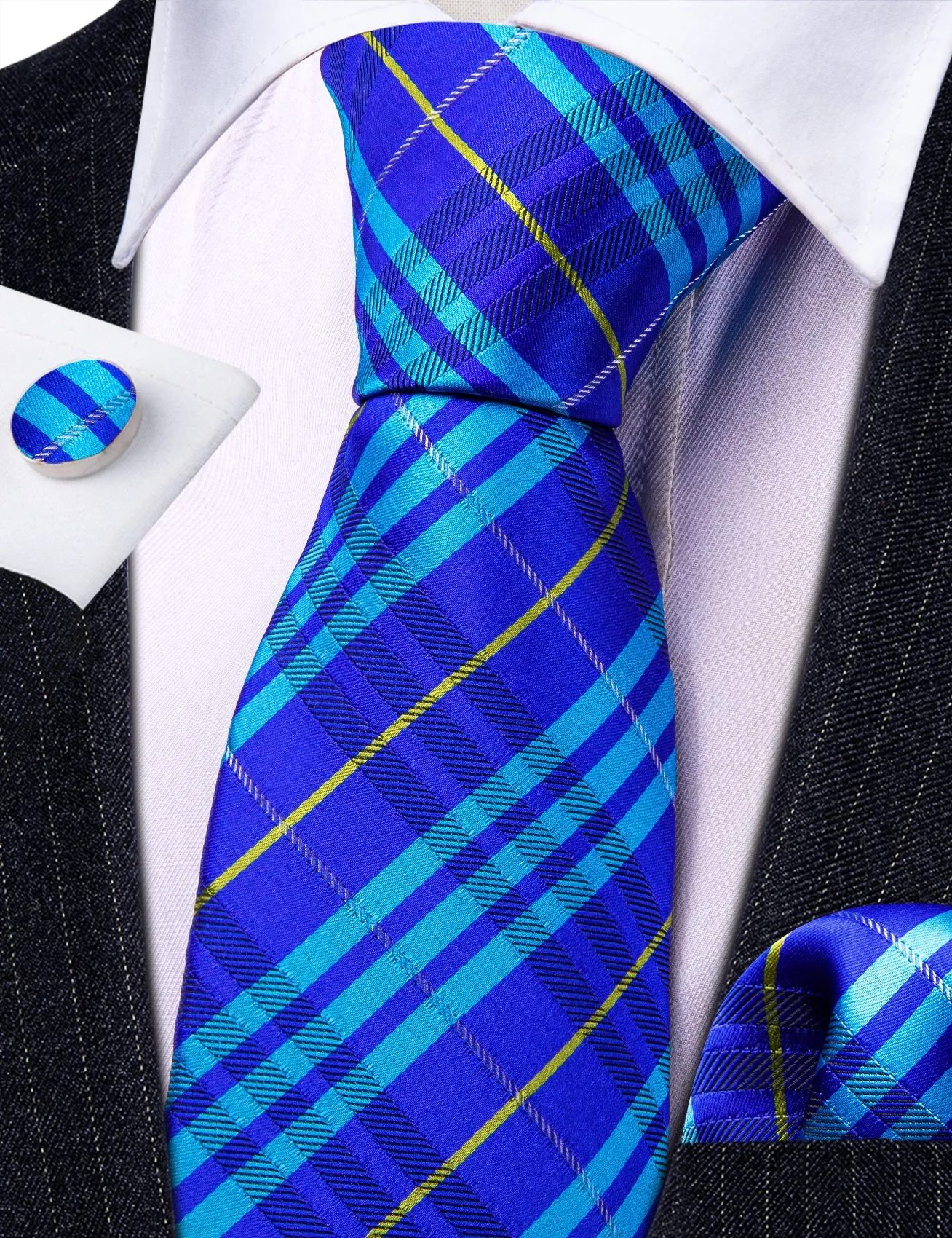 Barry Wang Bright Blue Striped Silk Tie Pocket Square Cufflinks Set