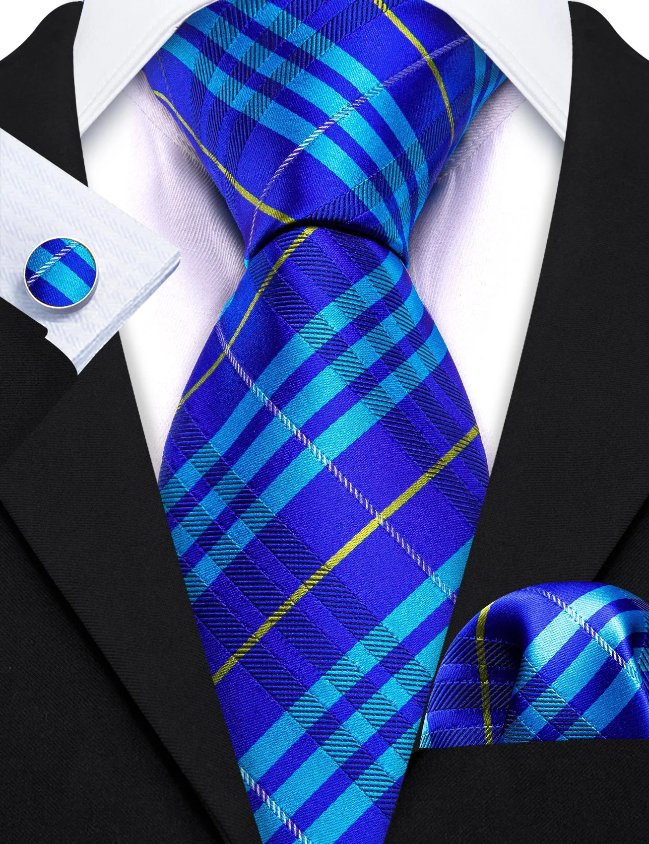 Barry Wang Bright Blue Striped Silk Tie Pocket Square Cufflinks Set