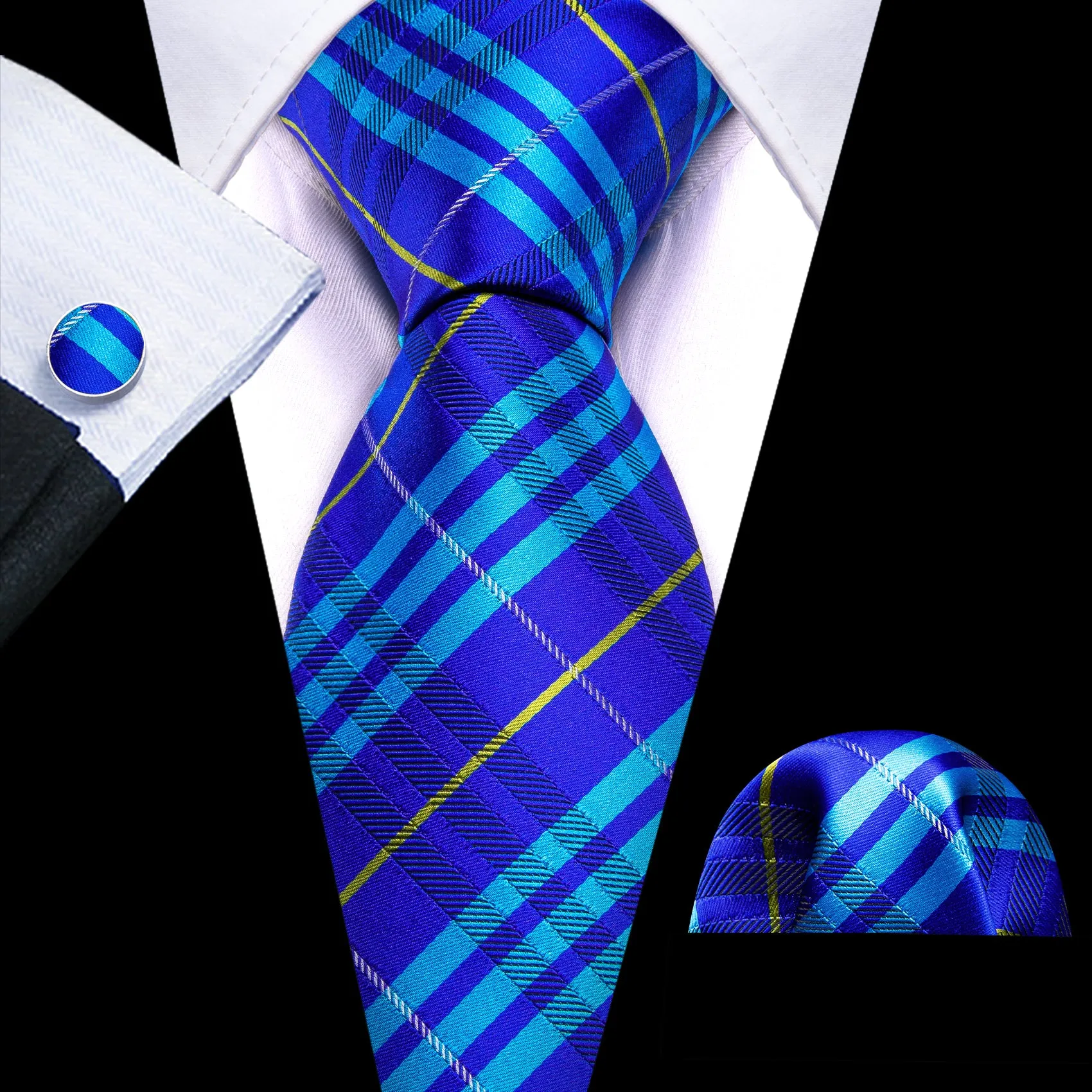 Barry Wang Bright Blue Striped Silk Tie Pocket Square Cufflinks Set
