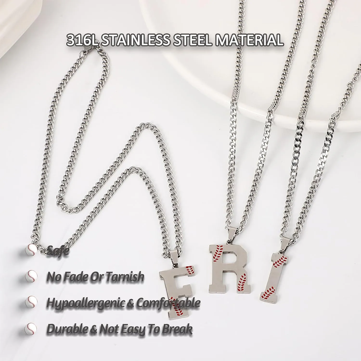 Baseball Initial A-Z Letter Necklace for Men, Alphabet Jewelry Pendant, Stainless Steel letter necklace for Men Holiday Gifts Dad Husband for Him Mens Jewelry