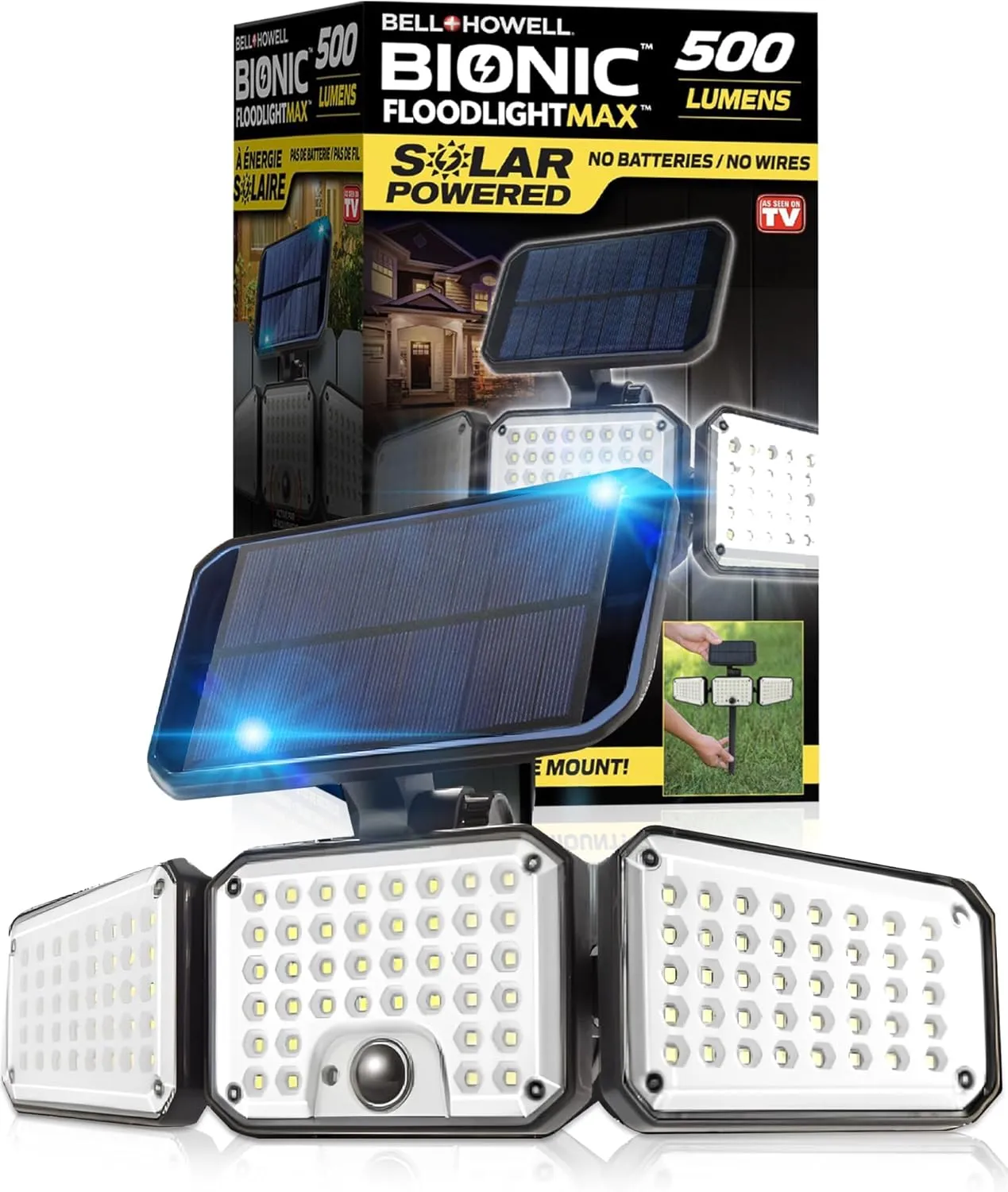 Bell Howell Bionic Flood Light AS SEEN ON TV, 500 Lumen Deluxe Version Bionic Floodlight, LED Solar Flood Lights Outdoor Motion Sensor Waterproof Solar Security Lights with 360 3 Panel Design