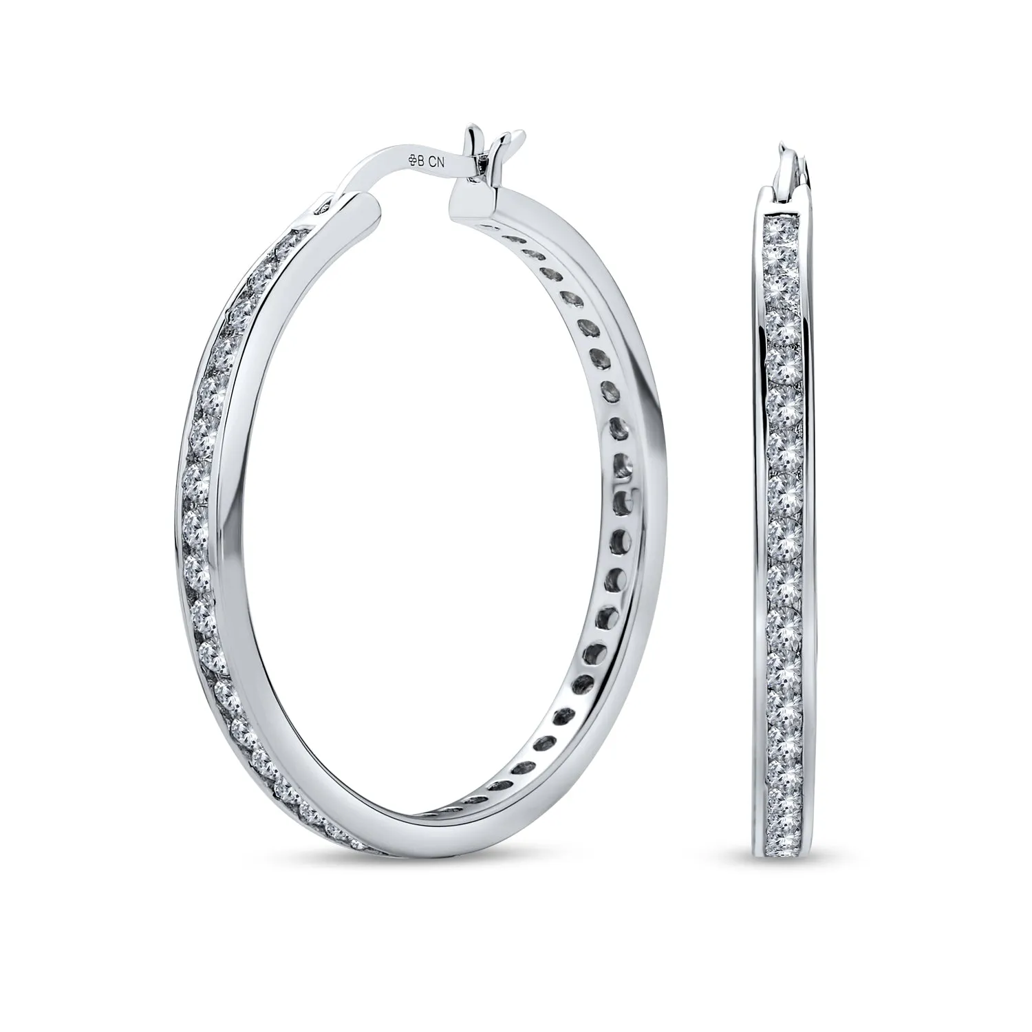 Black Cubic Zirconia Pave CZ Hoop Earrings Sterling Silver 1.5 Inch Diameter