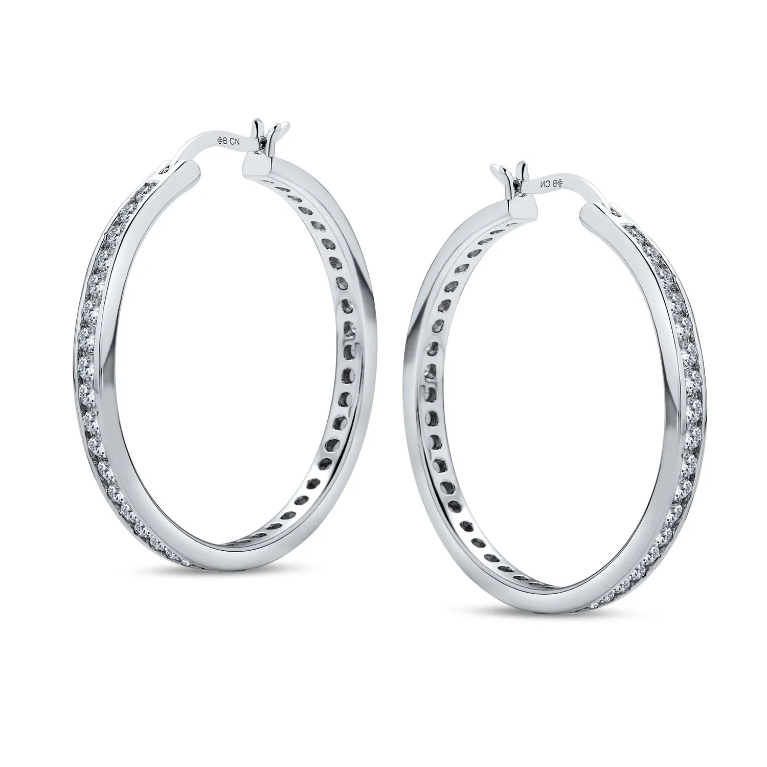 Black Cubic Zirconia Pave CZ Hoop Earrings Sterling Silver 1.5 Inch Diameter