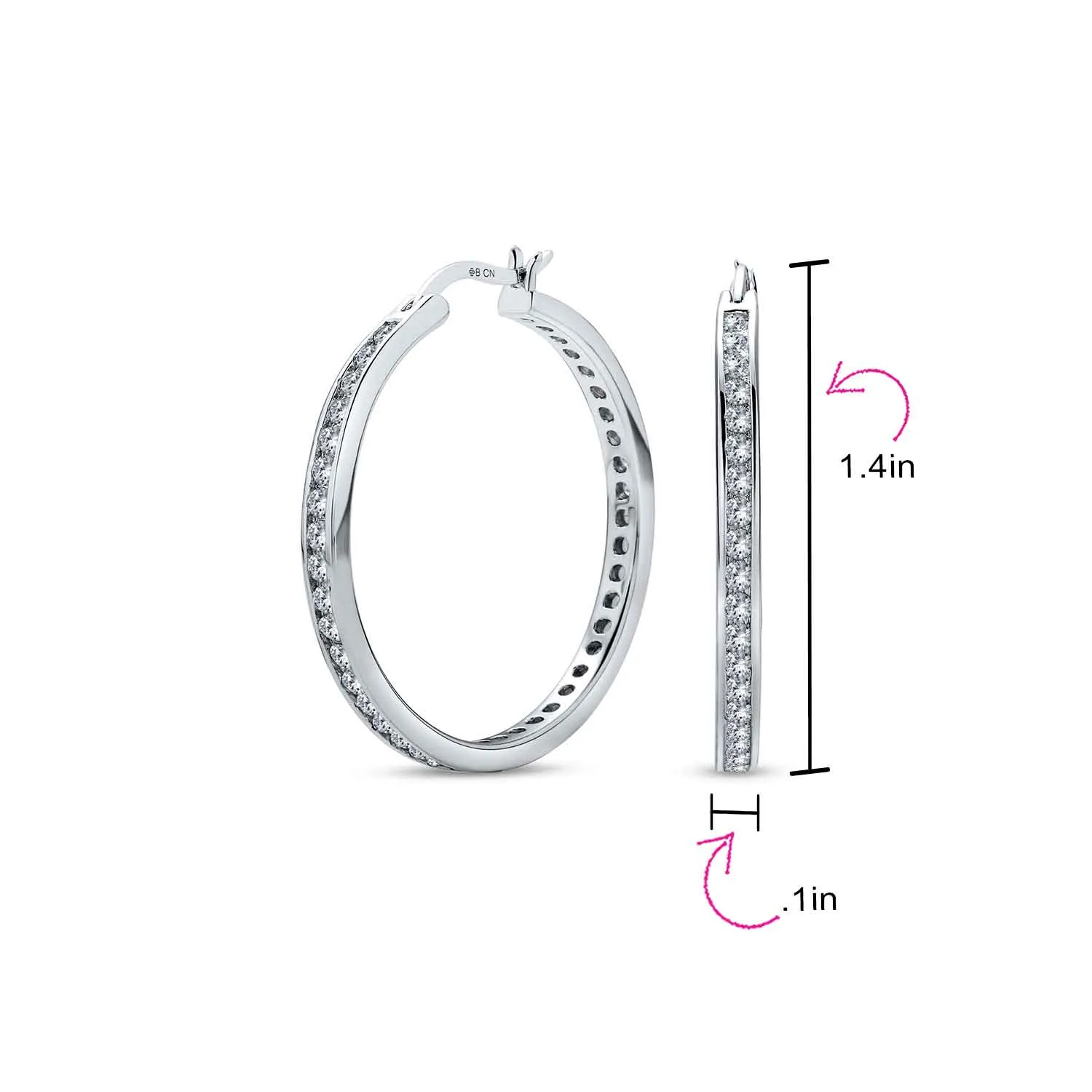 Black Cubic Zirconia Pave CZ Hoop Earrings Sterling Silver 1.5 Inch Diameter