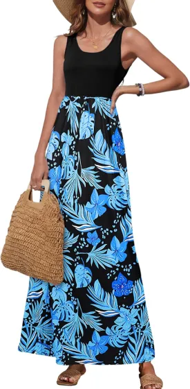 Bluetime Women's Summer Boho Sleeveless Floral Print Tank Long Maxi Dress (S-3XL)