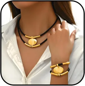 Boho Necklaces Set For women, Gold Silver Vintage Layered Necklace Choker Trendy Pendant Leather Stacked Necklace Bracelet Set New Year Holiday Birthday Jewelry Gift