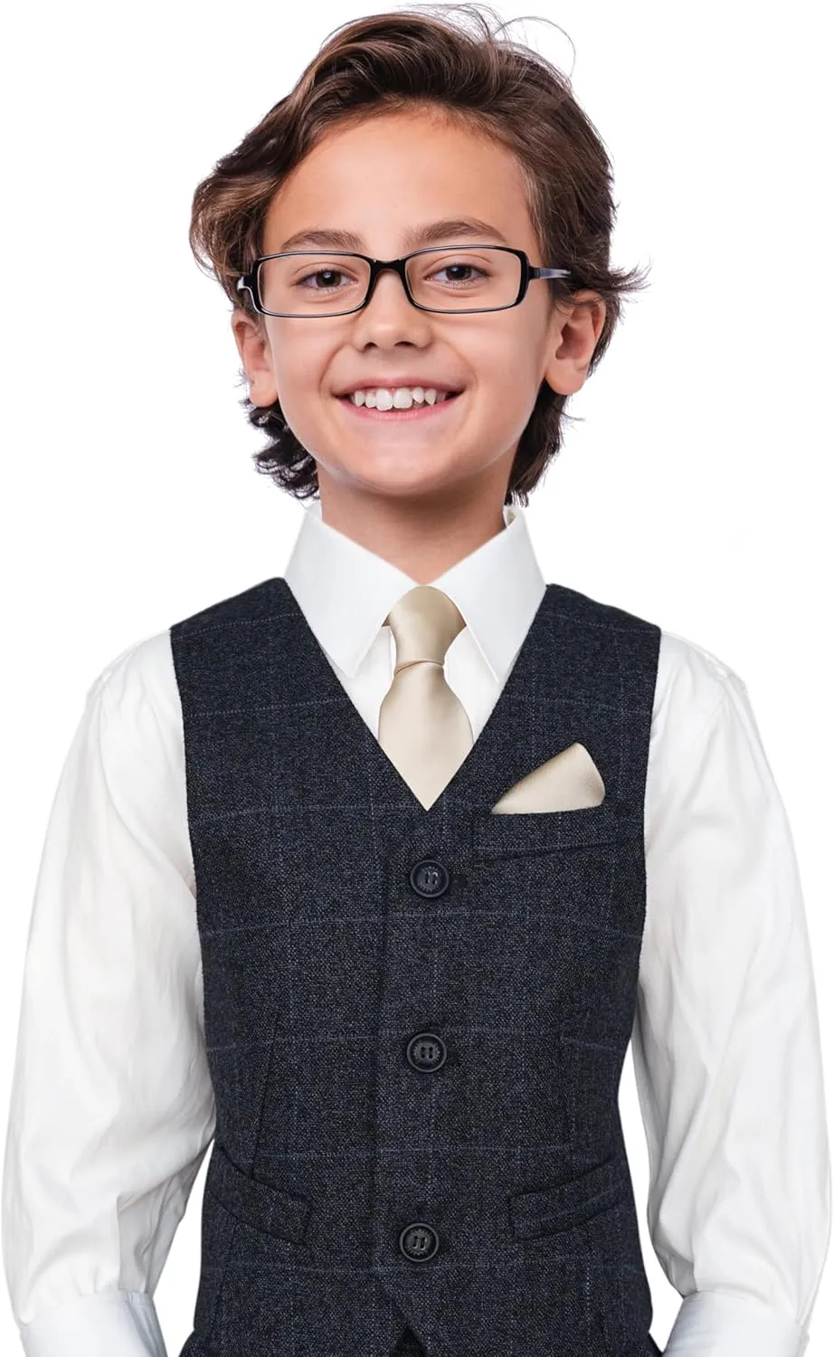 Boy's Solid Tie with Pocket Square Set, Regular Necktie for Children and Kids, Self-Tied