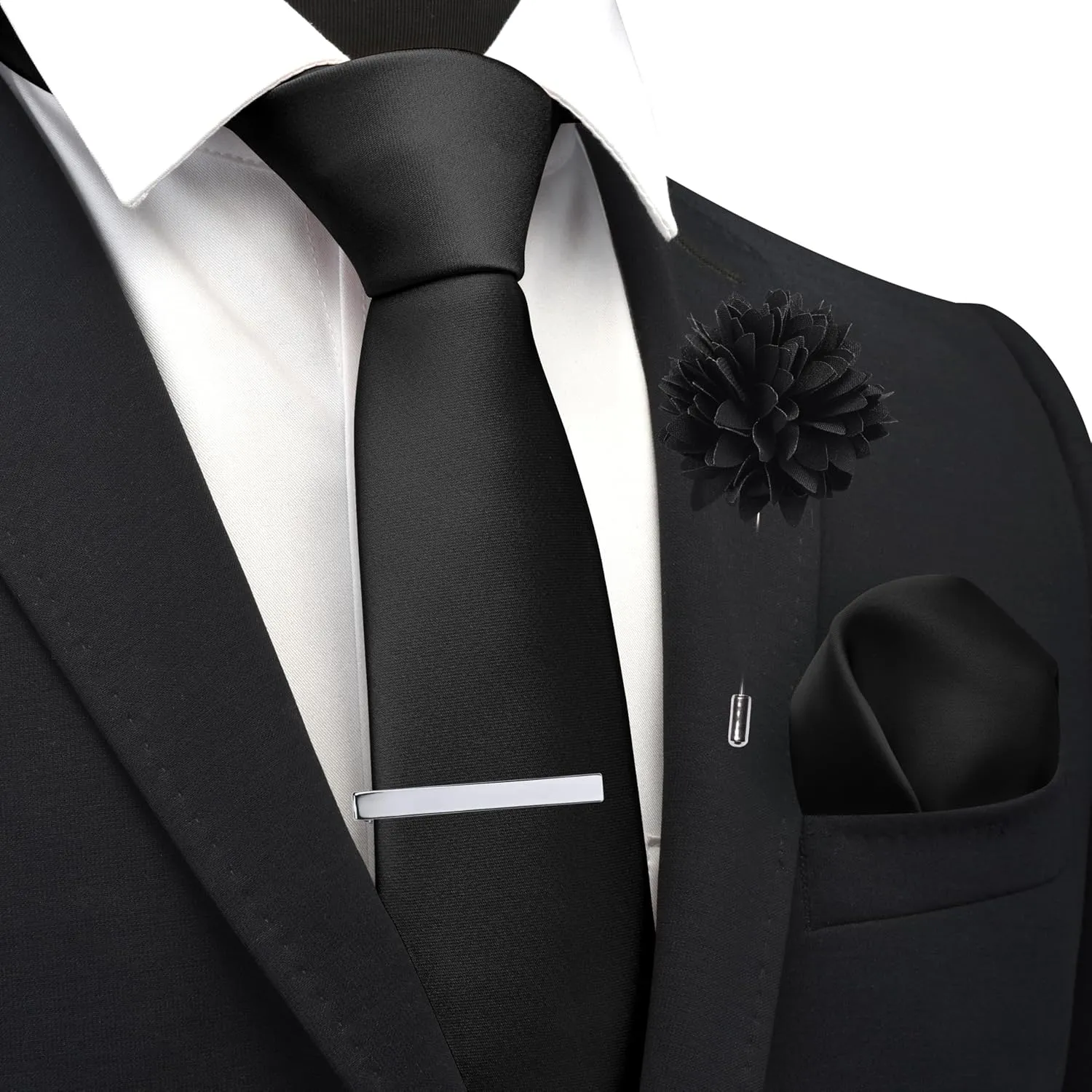 Branduce 3.15"8cm Mens Tie and Lapel Pin Solid Necktie Handkerchief Tie Clip Set for Men