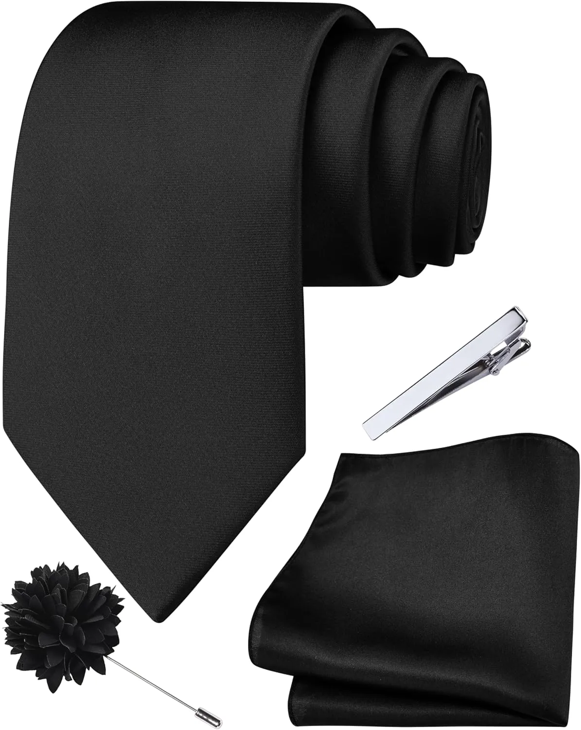 Branduce 3.15"8cm Mens Tie and Lapel Pin Solid Necktie Handkerchief Tie Clip Set for Men