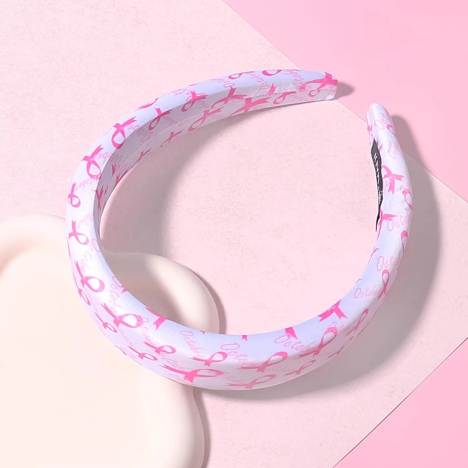 Breast Cancer Awareness Headband for Women Girls Pink Ribbon Hair Hoop Ribbon Wide Hairband Survivor Support Headwear Hair Accessories for Anti-Cancer Public Welfare Activities Supplies 1PCS(White)