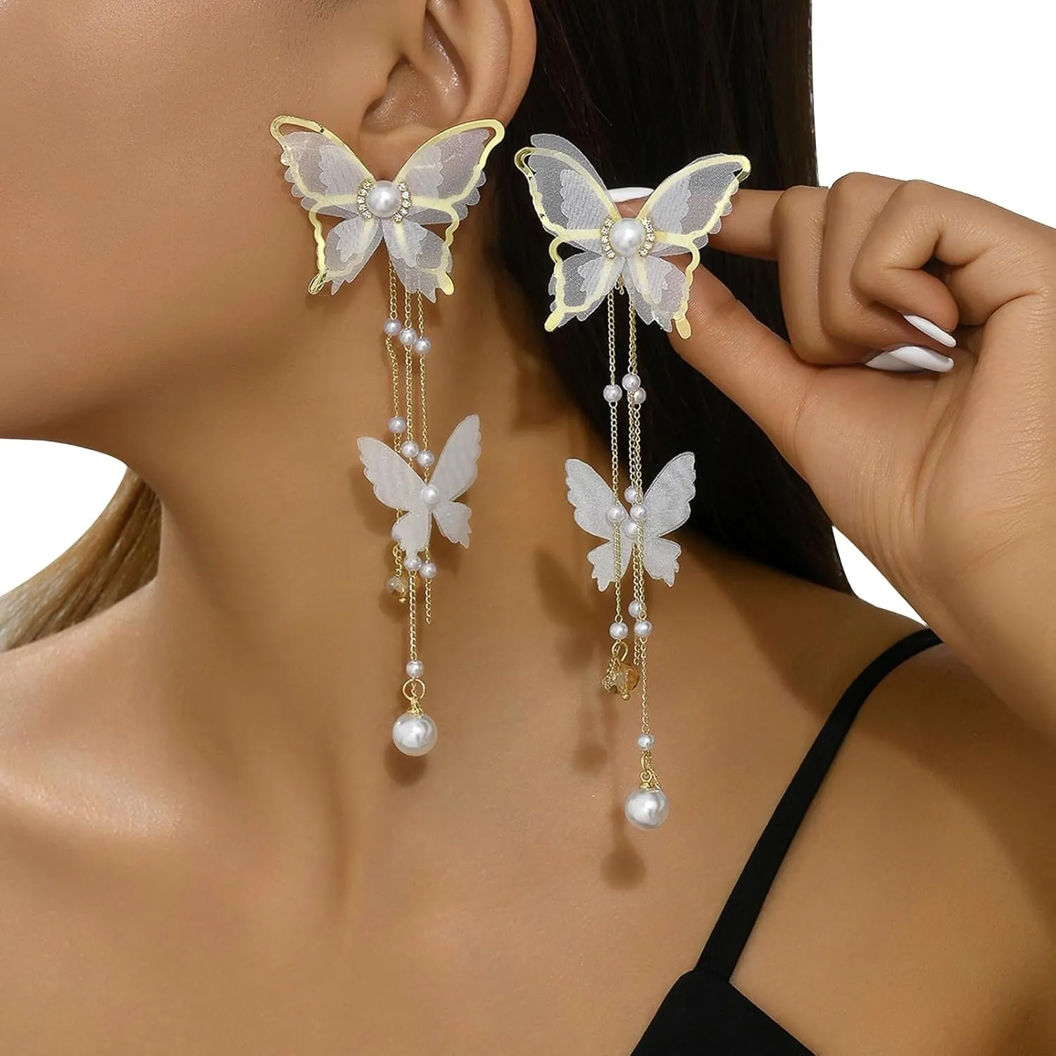 Bridal Wedding Rhinestone Pearl Tassel Earrings for Women Vintage Pearl Stud Earrings Sexy Butterfly Dangle Earrings Boho Statement Piercing Earrings Jewelry